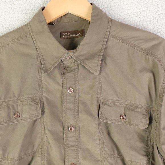 7 Diamonds Shirt Mens Large Brown Button Up Safari Pockets Outdoor Stretch - Picture 2 of 12